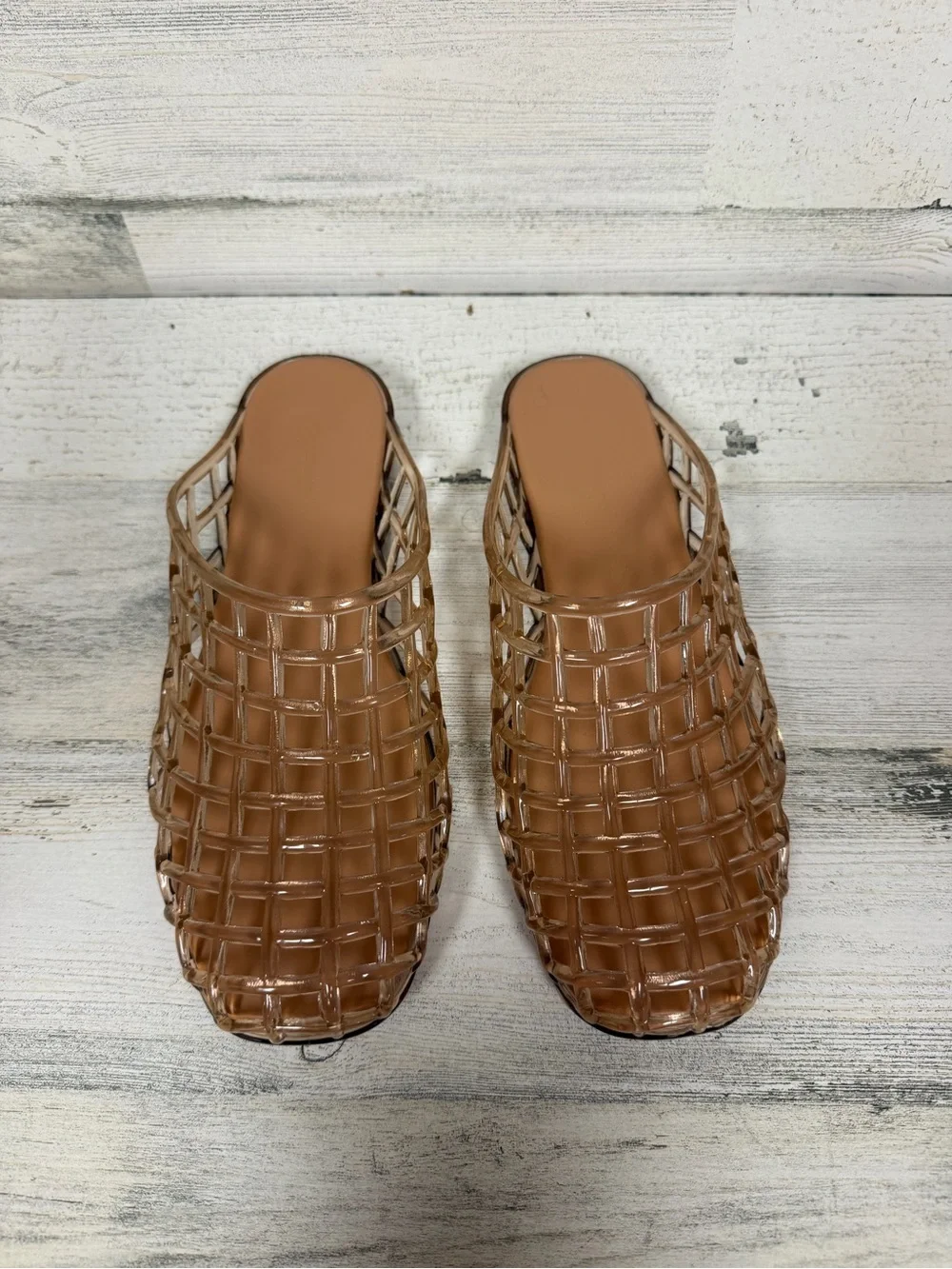Caroline Constas Tan Woven Jelly Slide Mules